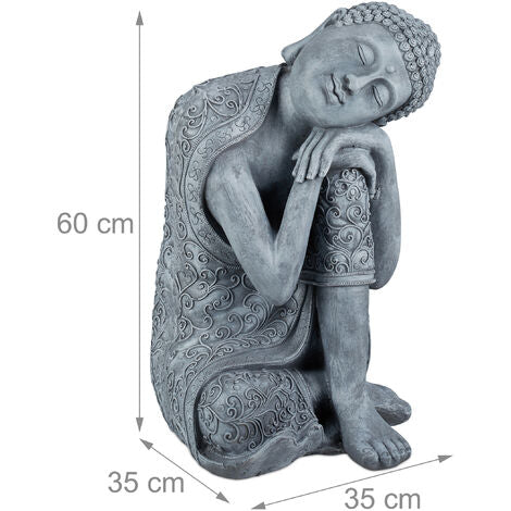  Relaxdays Statua Del Buddha Con Testa Piegata, XL 60cm, Da Giardino, Decorativa, In Resina, Impermeabile, Grigio