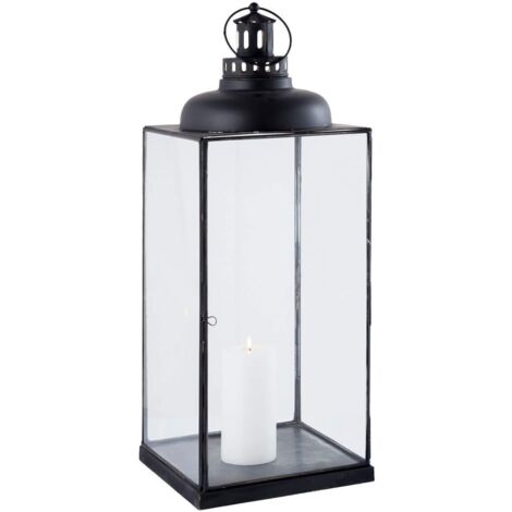  Lanterna In Vetro E Metallo Di Design Moderno Stile Minimalista Portacandela, Cm 25x25x66 H
