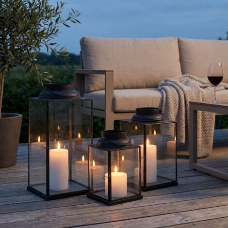  Lanterna In Vetro E Metallo Di Design Moderno Stile Minimalista Portacandela, Cm 14,5x14,5x25 H