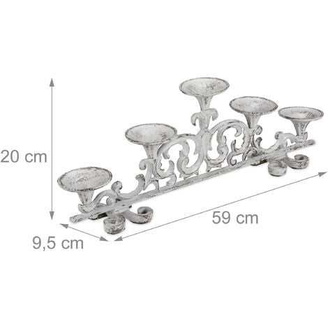  Relaxdays Portacandele Antico, A 5 Bracci Candelabro, Shabby Chic, In Ghisa, Vintage, HxLxP: 20 X 59 X 9,5 Cm, Bianco