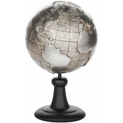  Figura Decorativa Globo Terrestre Argento Piedistallo Nero 18 X 33 Cm Earth