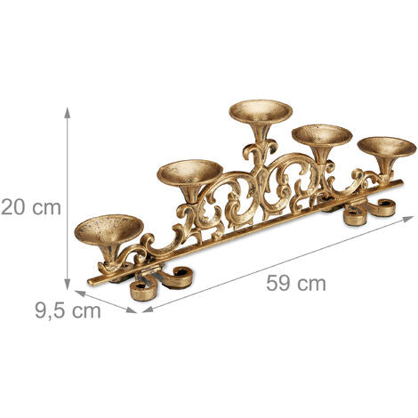 Relaxdays Portacandele Antico, A 5 Bracci, Candelabro, Shabby Chic, In Ghisa, Vintage, HxLxP: 20 X 59 X 9,5 Cm, Oro