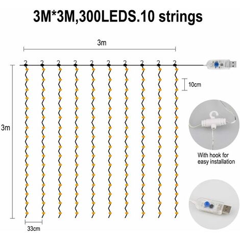  Tenda Luminosa LITZEE, Lucine Per Finestre 300 LED 3m × 3m, 8 Modalità Di Illuminazione, Atmosfera Per Decorazioni Natalizie, Matrimoni, Compleanni, Balcone, Terrazza, Camera Da Letto [Classe Energeti