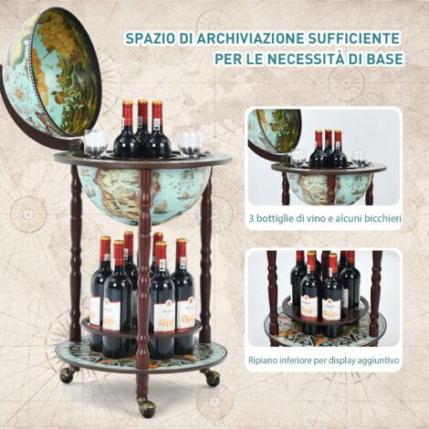  Mappamondo Bar Con Ruote Mobile Porta Liquori, Con Stile Retrò (Azzurro 45 X 45 X 88cm)