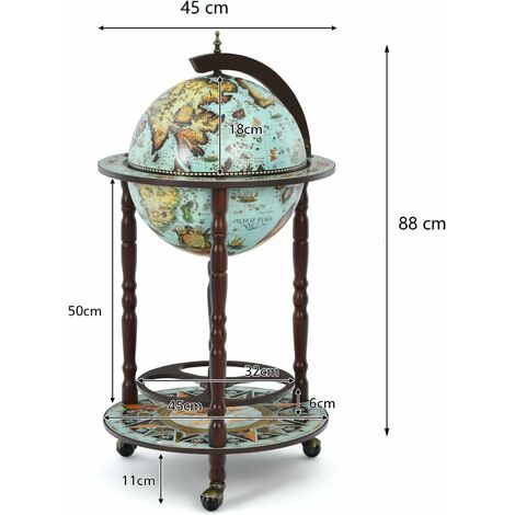  Mappamondo Bar Con Ruote Mobile Porta Liquori, Con Stile Retrò (Azzurro 45 X 45 X 88cm)