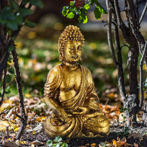  Relaxdays Buddha, Figura Da Giardino, Resistente Alle Intemperie, Buddha Seduto, In Poliresina, 30x18,5x12,5 Cm, Dorata