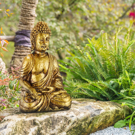  Relaxdays Buddha, Figura Da Giardino, Resistente Alle Intemperie, Buddha Seduto, In Poliresina, 30x18,5x12,5 Cm, Dorata