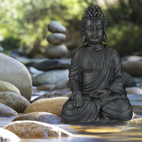  Relaxdays Statua Zen Del Buddha Seduto XL, 40 Cm, Feng Shui, Per Ambienti Esterni, Da Giardino, Decorativa, Sabbia