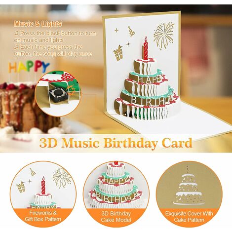  Biglietto Di Auguri Di Compleanno Musicale Invito Di Compleanno Biglietto Regalo Ragazza Uomo Ragazzo Donna Pop Up 3D Con Busta, Oro