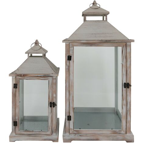  Rebecca Mobili Set 2 Lanterne Metallo Pvc Legno Chiaro Retro 72x32x27