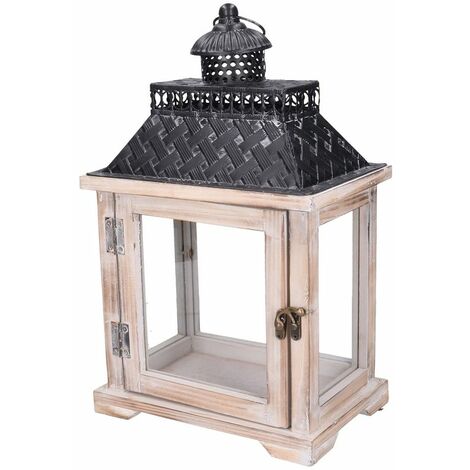  LANTERNA LEGNO SBIANCATO RETTANGOLARE CO N TETTO NERO CM24X16H39