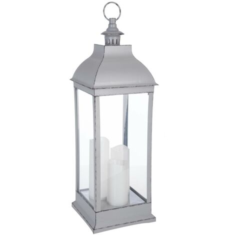  Lanterna Da Esterno Grigio Antico H. 71 Cm - Lanterna Led Grigio Antico, Vetro E Abs, Dimensioni L. 24 X L. 24 X H. 71 Cm Candele Led: P. 7,5 X H. 15 18 22 Cm - Atmosphera Créateur D'intérieur