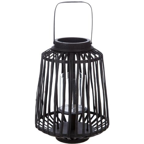  Lanterna In Rattan Nero H35 - Lanterna Nera, Rattan, Tubo Di Vetro, Dimensioni 25x35 Cm - Atmosphera Créateur D'intérieur
