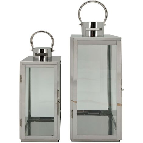  Rebecca Mobili Set 2 Lanterne Grandi Grigio Argento Acciaio Pvc Per Interno Esterno