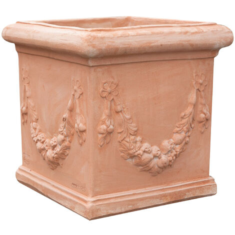  Vaso Cubo Festonato In Terracotta 100% Made In Italy Interamente Lavorata A Mano