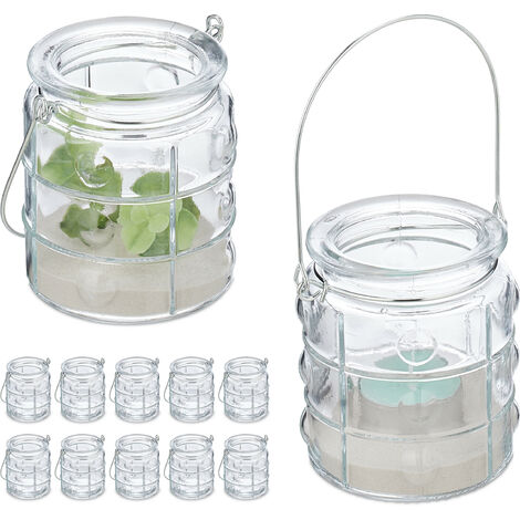  Relaxdays Vasetti Portacandele, Set 12, Vasi In Vetro, Ampolle Per Candele Con Manico, HxD 9x7,5 Cm, Trasparente Argento