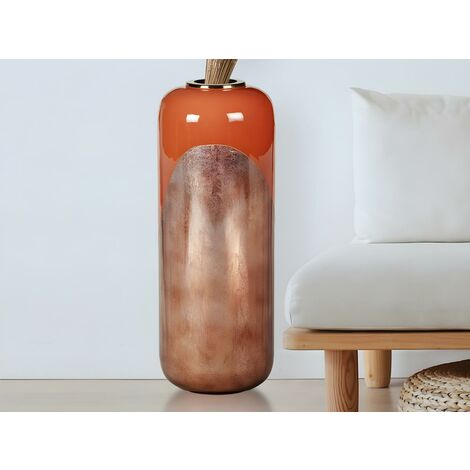  Vaso Grande D. 30 X H. 82 Cm In Metallo Smaltato Terracotta E Foglia Ramata - PERLIN