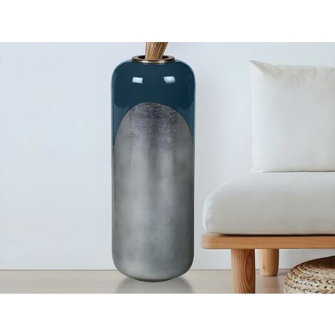  Vaso Grande D. 30 X H. 82 Cm In Metallo Smaltato Nero E Foglie Argento - PERLIN